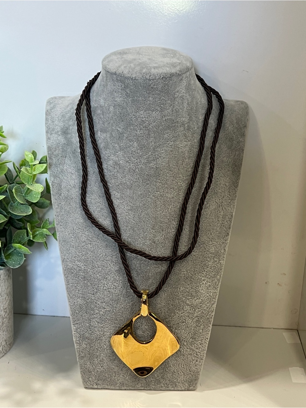 Gold Pendant Necklace on Brown Cord